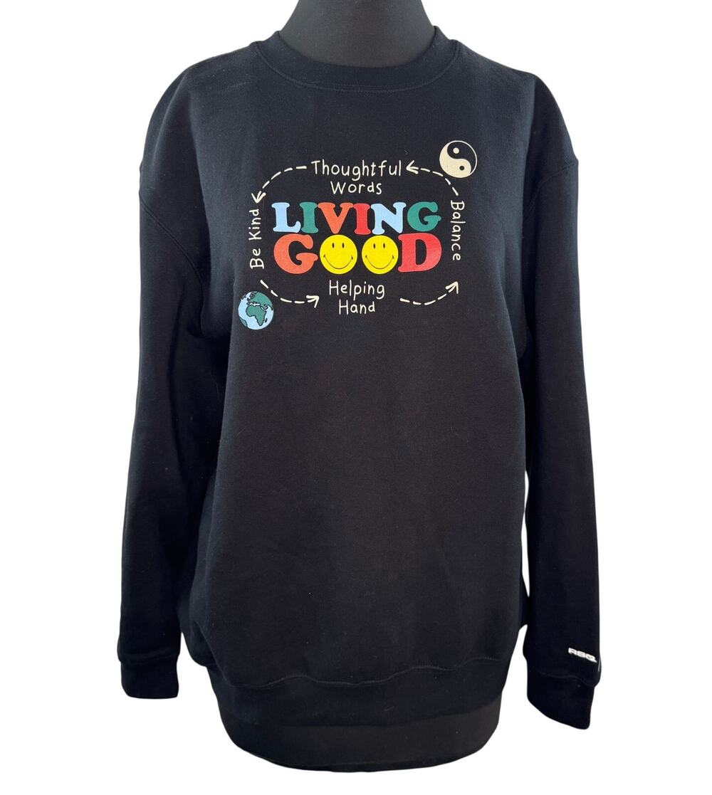 RSQ Smiley Living Good Black Sweatshirt Crew Neck Crew Drop Shoulder M Medium
